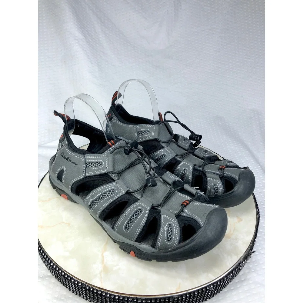 Eddie Bauer Troy Leather Sport Sandals Mens 12 Gray Bungee Hiking Outdoor Shoes